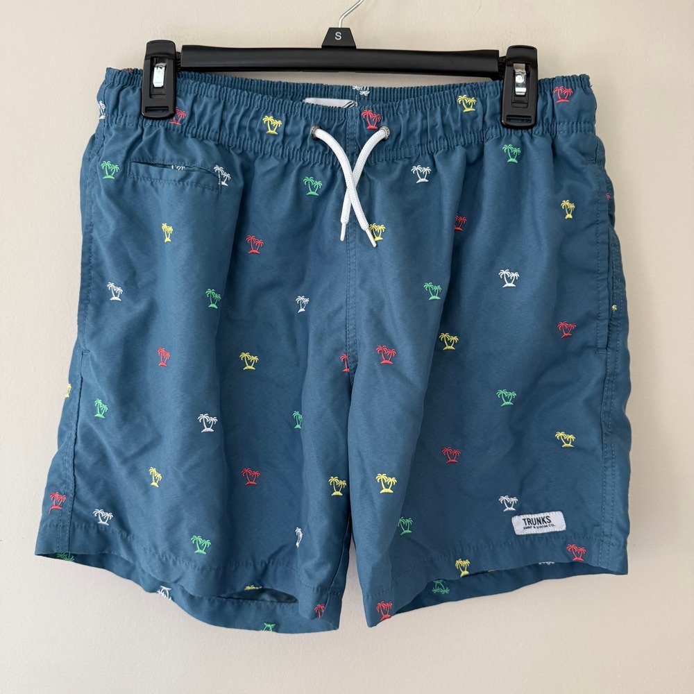 Trunks Surf & Swim Co Mens Medium Teal Blue Embroidered Palm Tree Swim Shorts